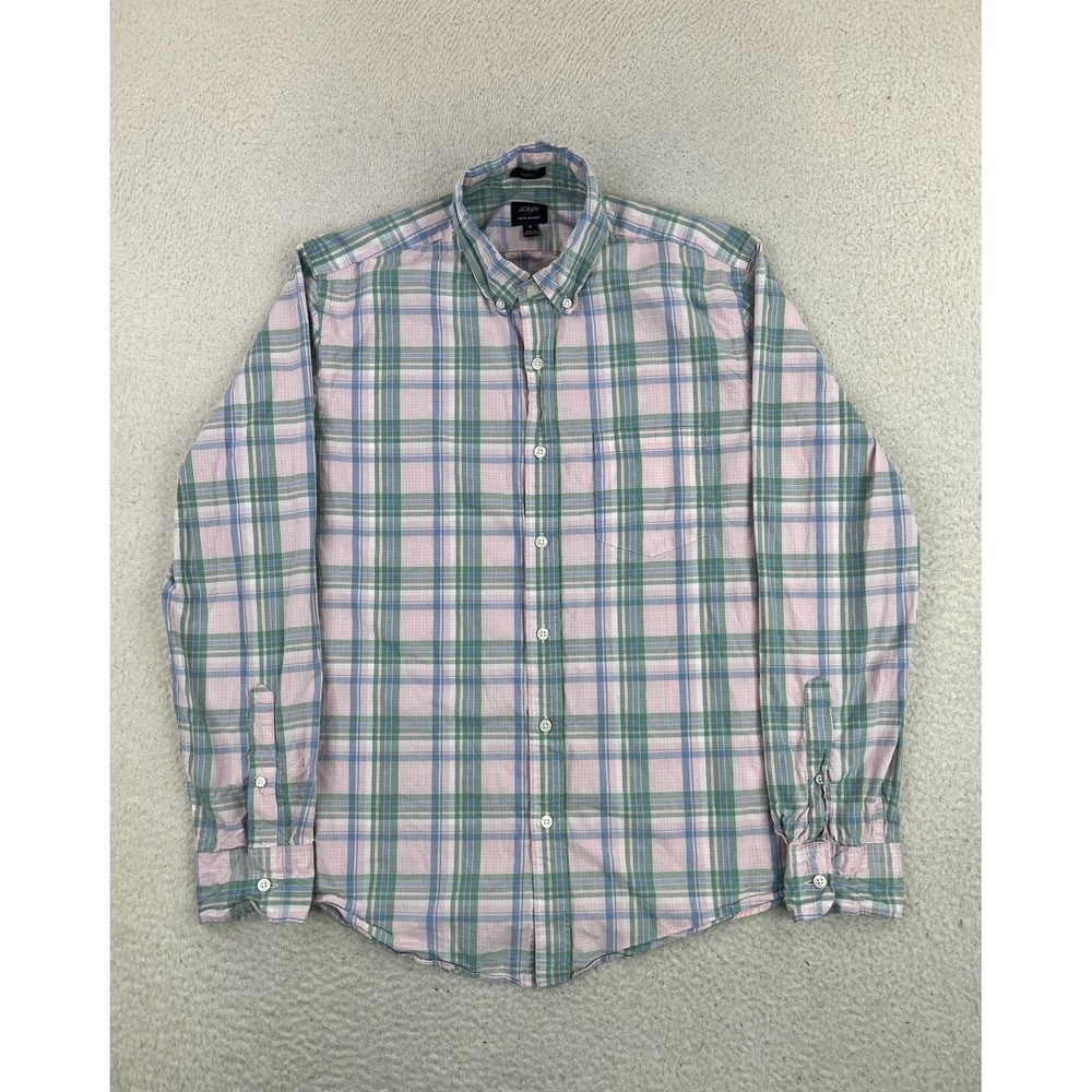 J.Crew Mens Medium‎ Green Pink Plaid Flex Washed Long Sleeve Button Up BP969